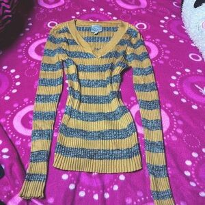 The Slope Yellow Gray Ribbed Bodycon V Neck Sweater Size Small